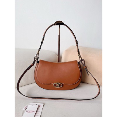 Valentino Garavani Ohval Medium Shoulder Bag in Brown Calfskin