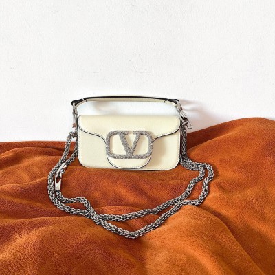 Valentino Loco Small Shoulder White Bag with Crystals Logo