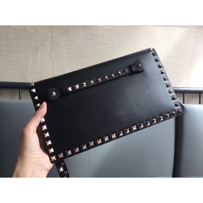 Valentino Medium Rockstud Clutch In Black Calfskin