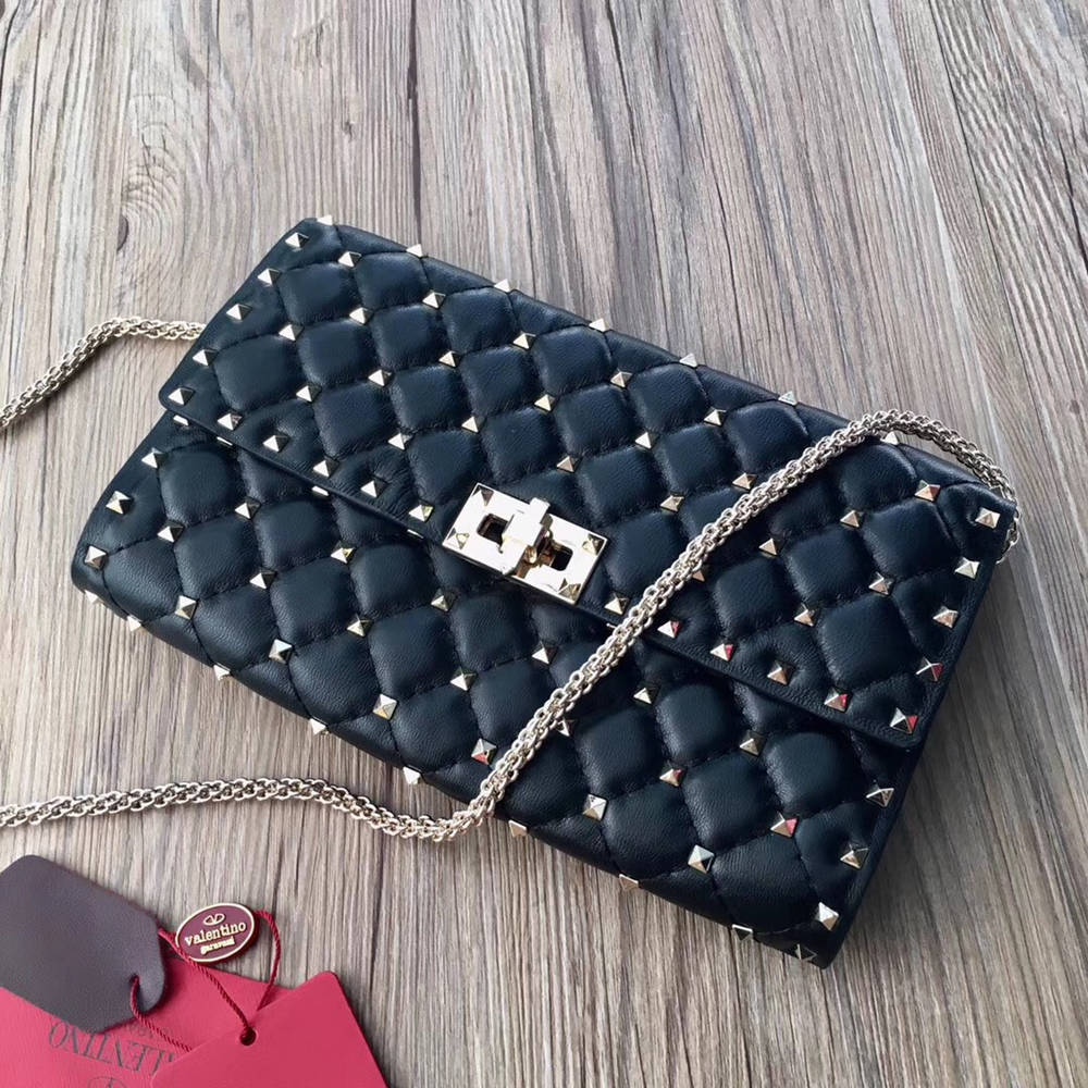 Valentino Rockstud Spike Chain Clutch In Black Lambskin