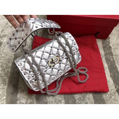 Valentino Rockstud Spike Small Bag In Silver Metallic Lambskin