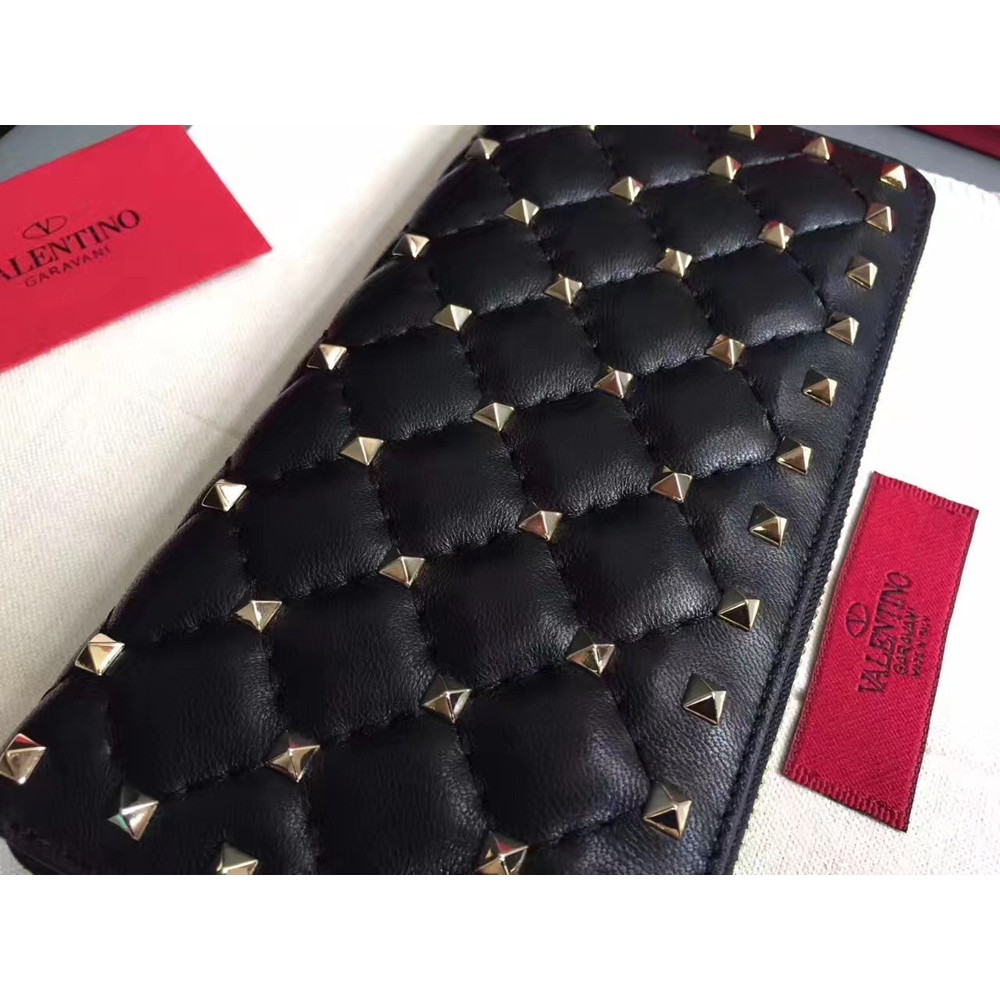 Valentino Rockstud Spike Zip Wallet In Noir Lambskin