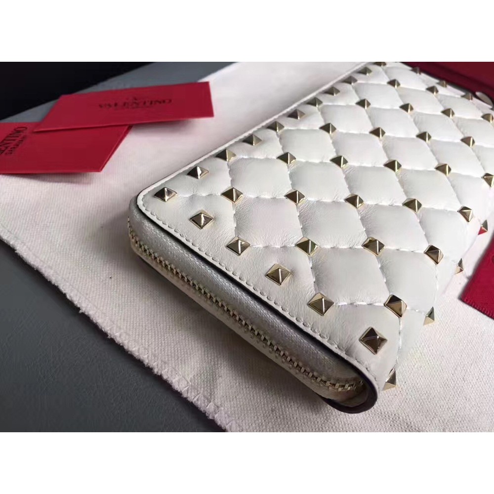 Valentino Rockstud Spike Zip Wallet In White Lambskin