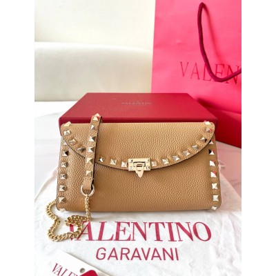 Valentino Rockstud Wallet with Chain in Beige Grained Leather