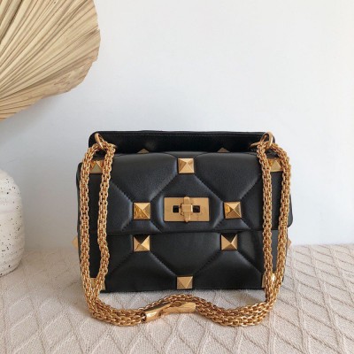 Valentino Roman Stud Medium Chain Bag In Black Nappa Leather