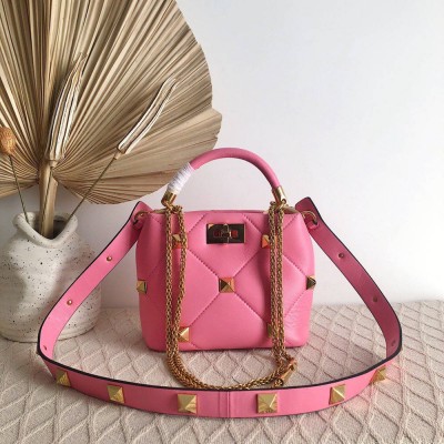 Valentino Roman Stud Small Handle Bag In Pink Nappa Leather