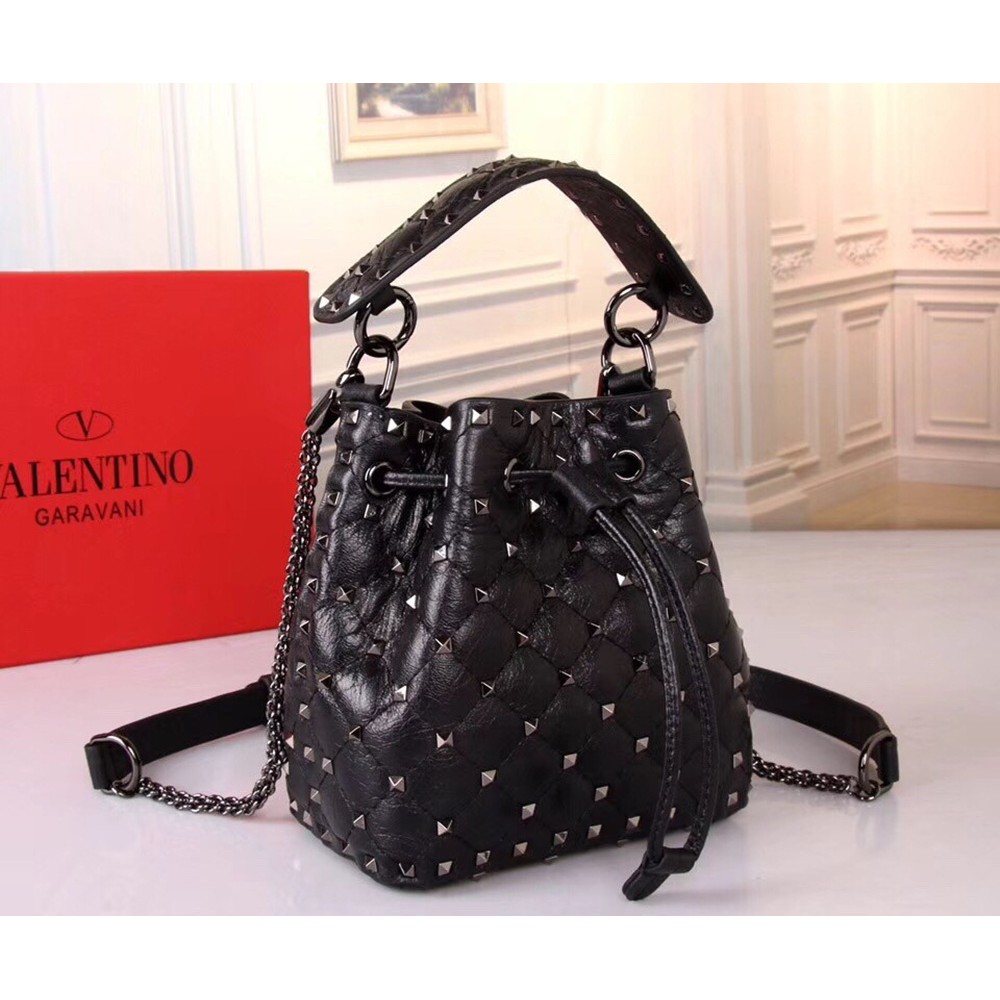 Valentino Small Black Rockstud Spike Bucket Bag