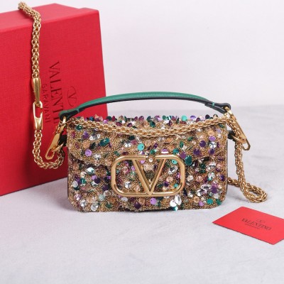 Valentino Small Loco Shoulder Bag with Gold 3D-effect Embroidery