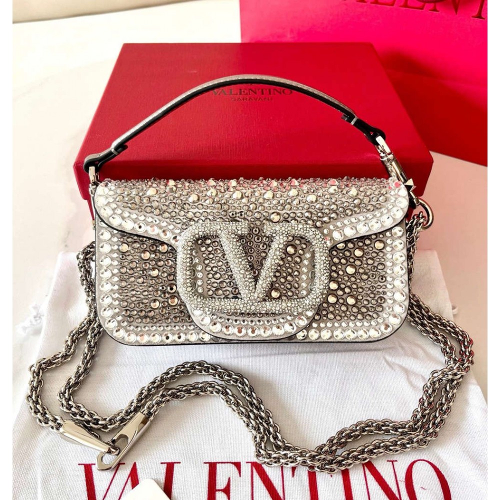 Valentino Small Loco Shoulder Silver Bag with Rhinestone Applique