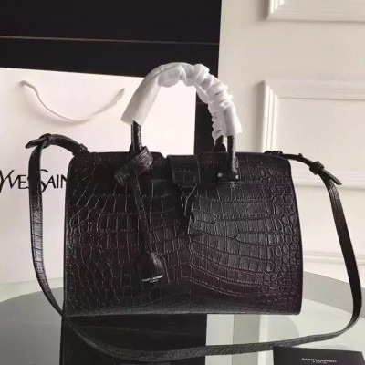 Saint Laurent All Black Small Cabas YSL Crocodile Embossed Bag TDBS28521