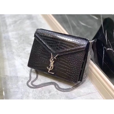 Saint Laurent Cassandra Clasp Bag In Black Croc-Embossed Leather TDBS28525