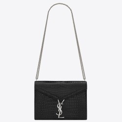 Saint Laurent Cassandra Clasp Bag In Black Croc-Embossed Leather TDBS28525