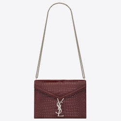 Saint Laurent Cassandra Clasp Bag In Bordeaux Croc-Embossed Leather TDBS28527