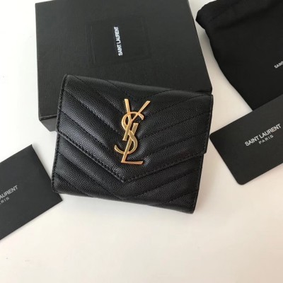 Saint Laurent Compact Tri Fold Wallet In Black Leather TDBS28850