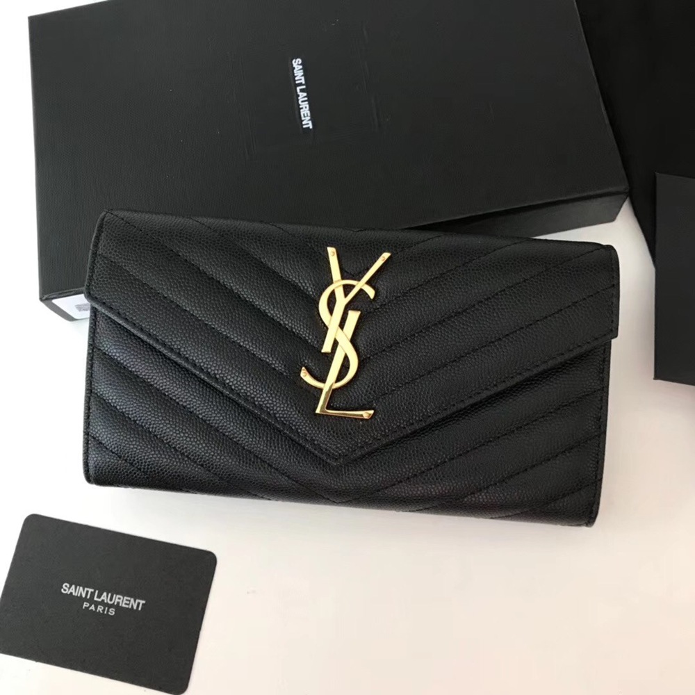 Saint Laurent Large Monogram Flap Wallet In Black Grained Leather TDBS28858