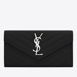 Saint Laurent Large Monogram Flap Wallet In Noir Grained Leather TDBS28859