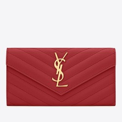 Saint Laurent Large Monogram Flap Wallet In Red Grained Leather TDBS28860