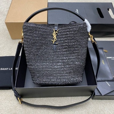 Saint Laurent Le 37 Bucket Bag in Black Woven Raffia  TDBS28511