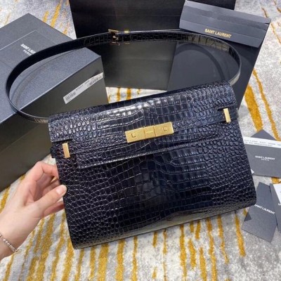 Saint Laurent Manhattan Shoulder Bag In Black Crocodile Embossed Leather TDBS28578