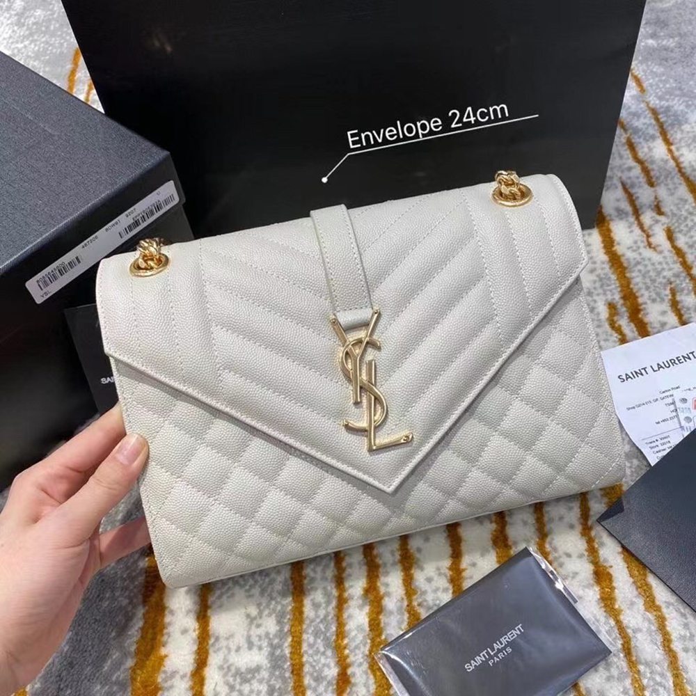 Saint Laurent Medium Envelope Bag In White Grained Leather TDBS28615