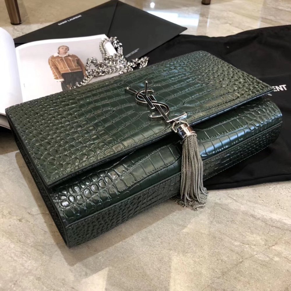 Saint Laurent Medium Kate Bag With Tassel In Dark Green Croc-Embossed Leather TDBS28646