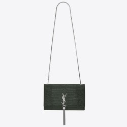 Saint Laurent Medium Kate Bag With Tassel In Dark Green Croc-Embossed Leather TDBS28646