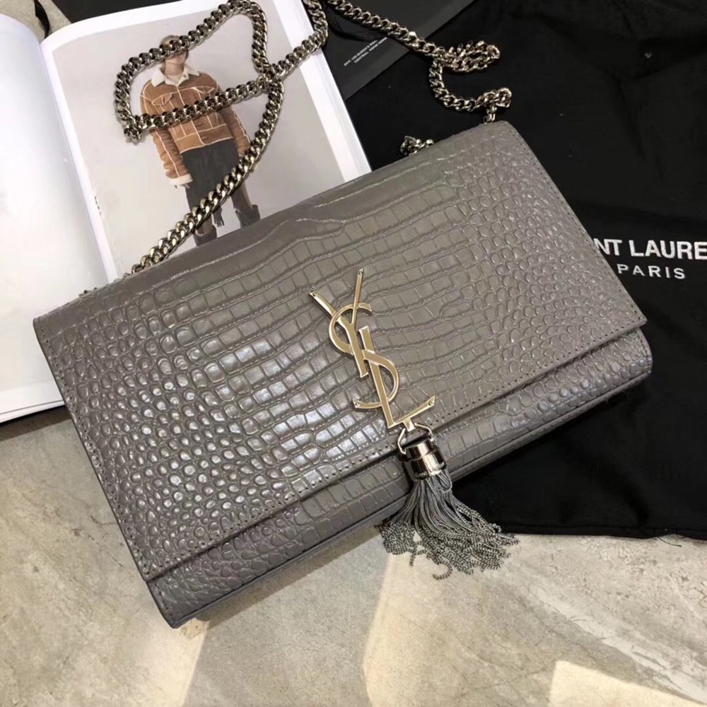 Saint Laurent Medium Kate Bag With Tassel In Storm Croc-Embossed Leather TDBS28651