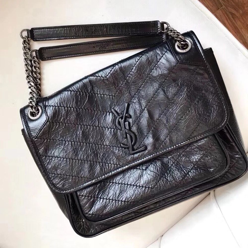 Saint Laurent Medium Niki Bag In Black Crinkled Leather TDBS28703