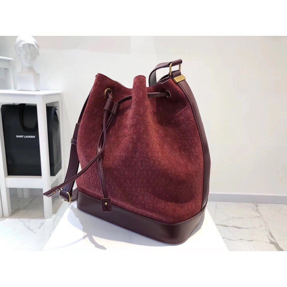 Saint Laurent Monogram All Over Bucket Bag In Bordeaux Suede TDBS28519