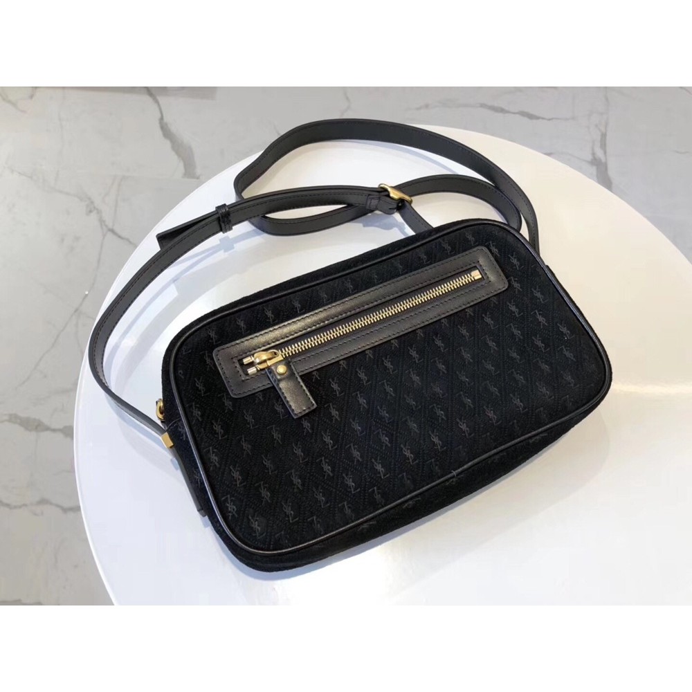 Saint Laurent Monogram All Over Camera Bag In Black Suede TDBS28580