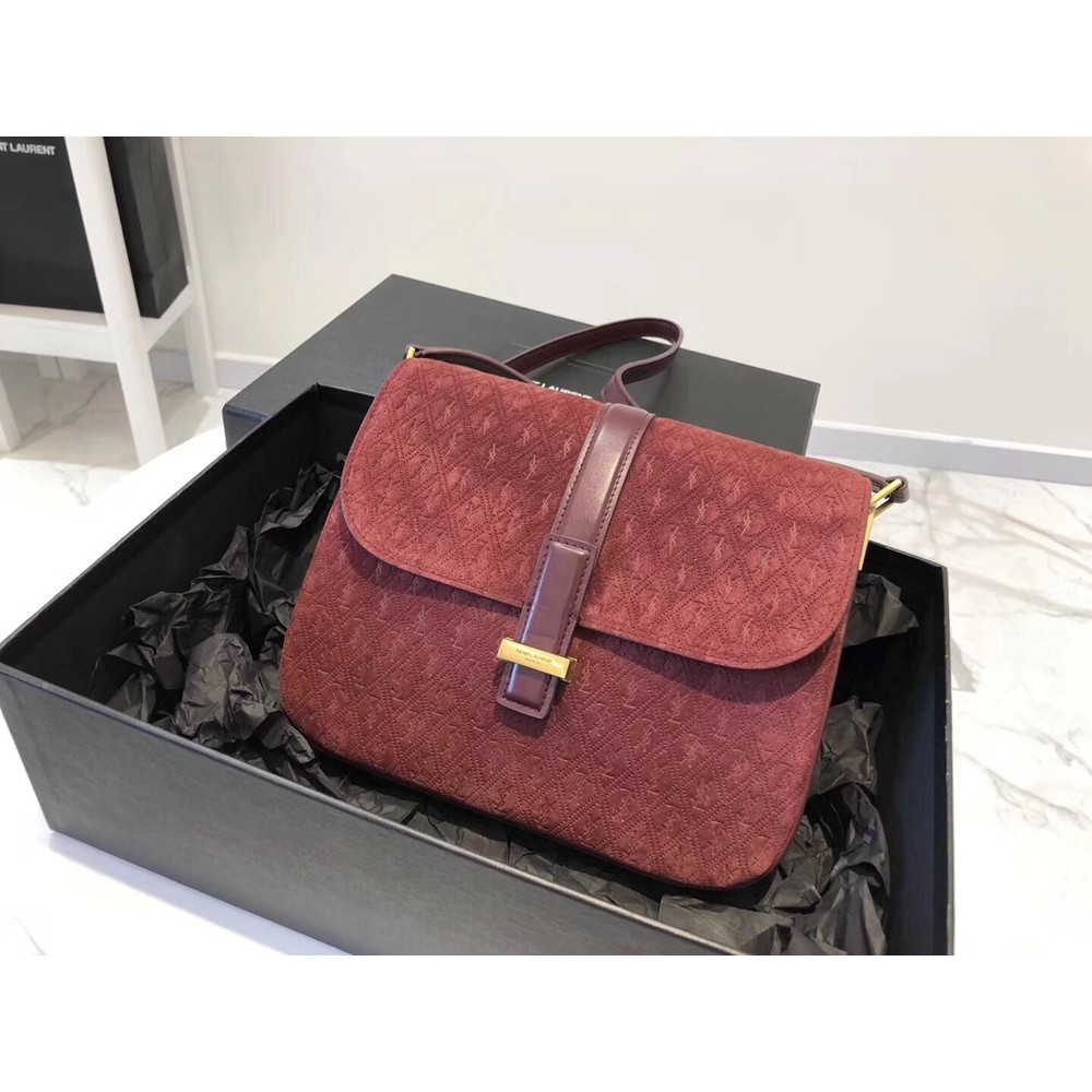 Saint Laurent Monogram All Over Small Satchel In Bordeaux Suede TDBS28692