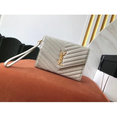 Saint Laurent Monogram Clutch In White Grained Leather TDBS28583