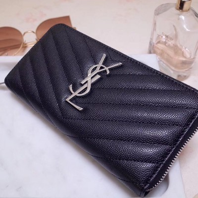 Saint Laurent Monogram Zip Around Wallet In Noir Grained Leather TDBS28862