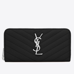 Saint Laurent Monogram Zip Around Wallet In Noir Grained Leather TDBS28862