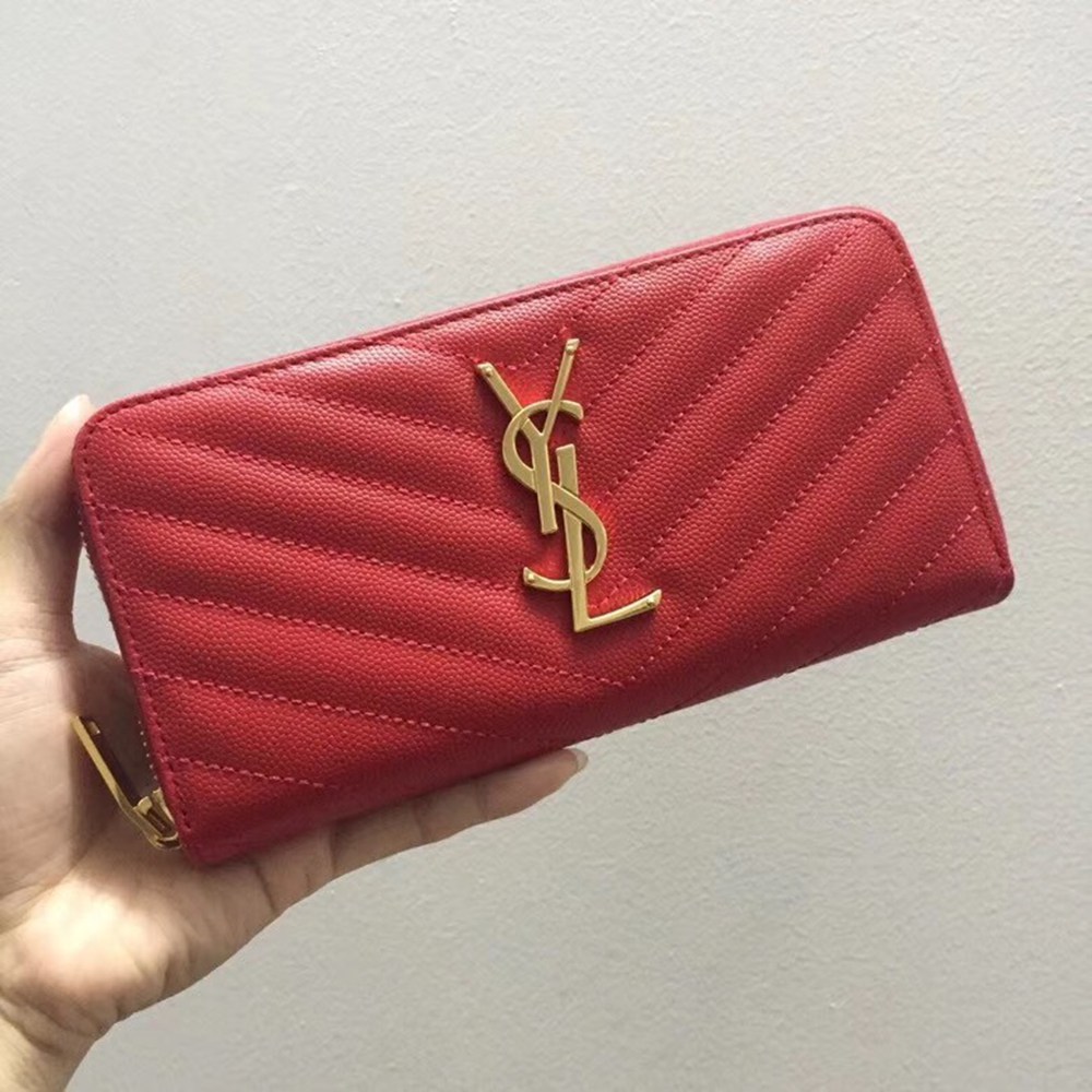 Saint Laurent Monogram Zip Around Wallet In Red Grained Leather TDBS28864