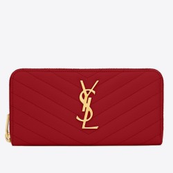 Saint Laurent Monogram Zip Around Wallet In Red Grained Leather TDBS28864