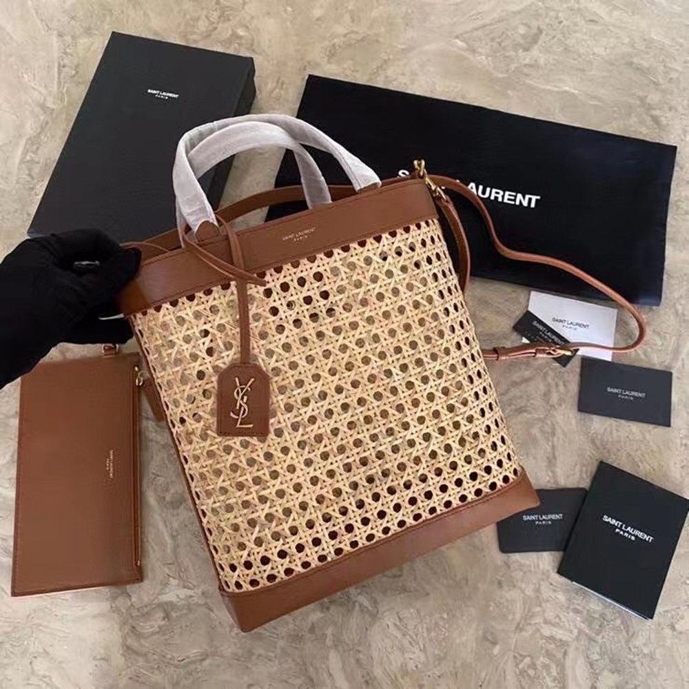 Saint Laurent N/S Toy Shopping Bag In Woven Cane And Leather TDBS28783