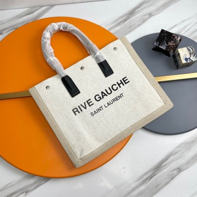 Saint Laurent Rive Gauche Small Tote Bag in White Linen and Leather TDBS28830