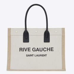 Saint Laurent Rive Gauche Small Tote Bag in White Linen and Leather TDBS28830