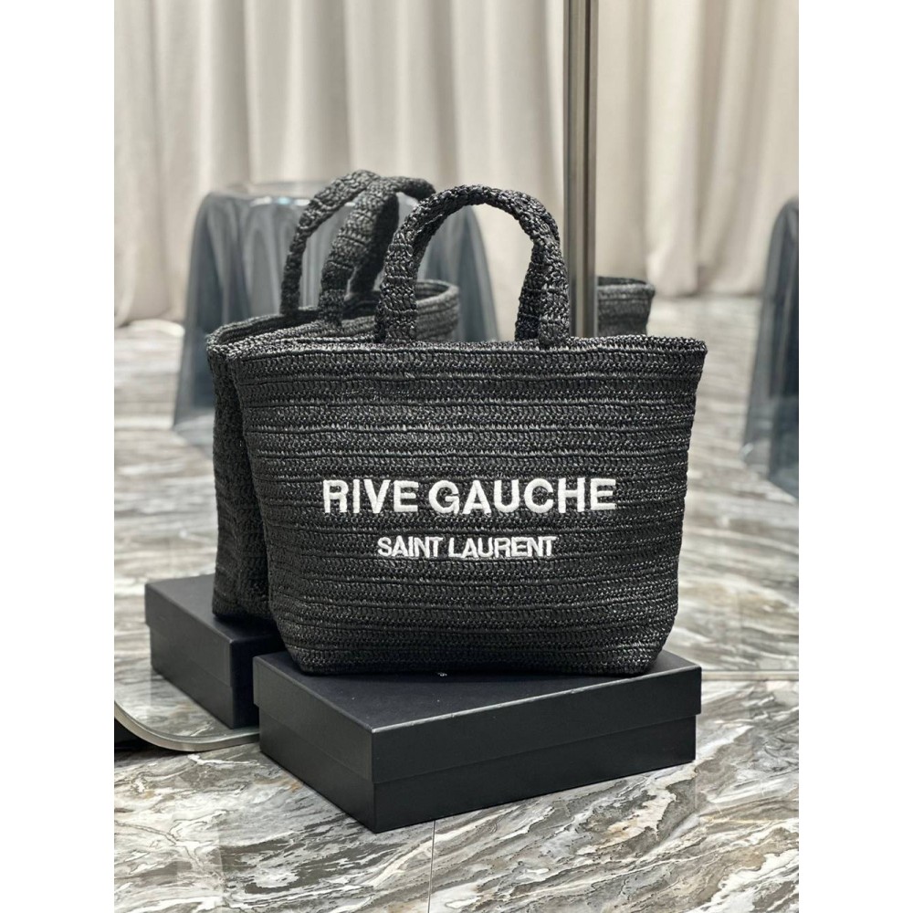 Saint Laurent Rive Gauche Tote Bag in Black Raffia Crochet TDBS28833