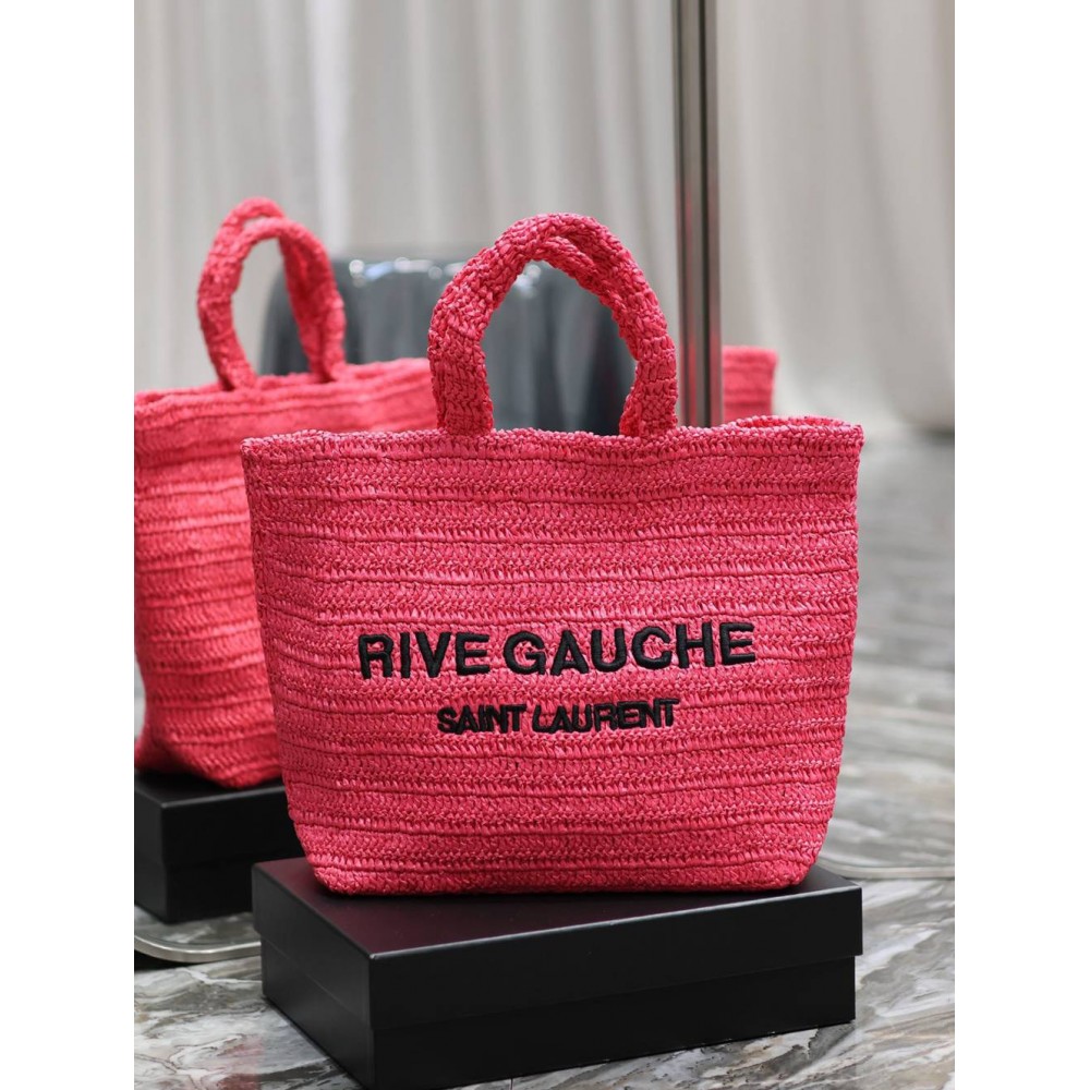 Saint Laurent Rive Gauche Tote Bag in Neon Pink Raffia Crochet TDBS28834