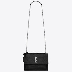 Saint Laurent Sunset Medium Bag In Black Crocodile Embossed Leather TDBS28813