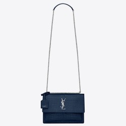 Saint Laurent Sunset Medium Bag In Blue Crocodile Embossed Leather TDBS28814