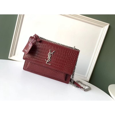 Saint Laurent Sunset Medium Bag In Bordeaux Crocodile Embossed Leather TDBS28815