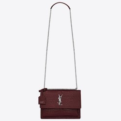 Saint Laurent Sunset Medium Bag In Bordeaux Crocodile Embossed Leather TDBS28815