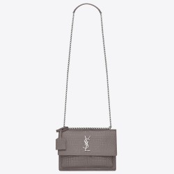 Saint Laurent Sunset Medium Bag In Grey Crocodile Embossed Leather TDBS28816