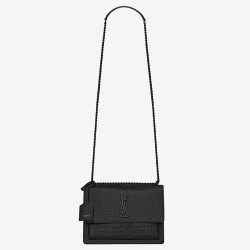 Saint Laurent Sunset Medium Bag In Noir Crocodile Embossed Leather TDBS28818