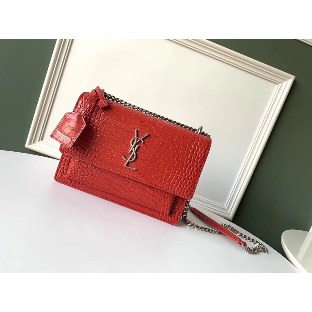 Saint Laurent Sunset Medium Bag In Red Crocodile Embossed Leather TDBS28820