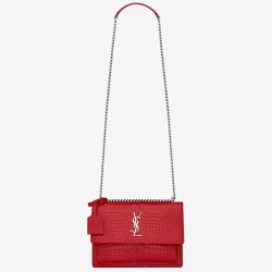 Saint Laurent Sunset Medium Bag In Red Crocodile Embossed Leather TDBS28820