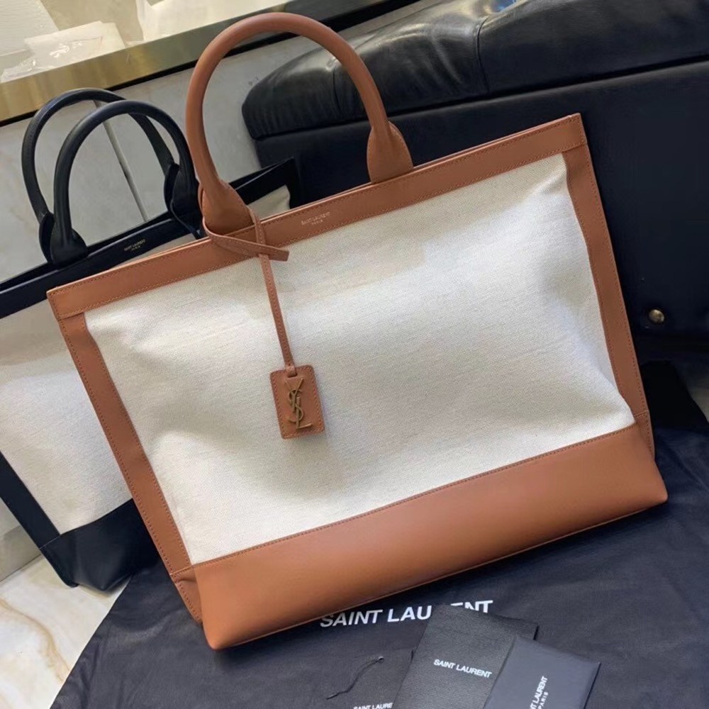 Saint Laurent Tag Shopping Bag In Canvas And Brown Leather TDBS28785